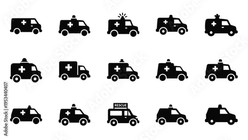 Ambulance and medical transport vehicle icons set for healthcare and emergency services