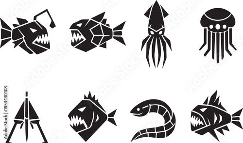 Geometric sea creatures and boat icons in black and white for design and decoration