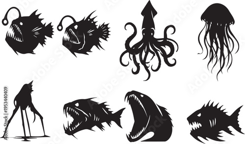 Collection of sea monster silhouettes including fish squid jellyfish