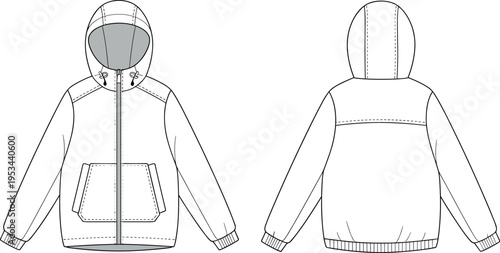 Basic crewneck sweatshirt flat sketch with front and back views, ribbed collar cuffs and hem, clean vector apparel mockup fashion design template