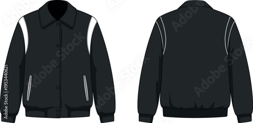Black Varsity Bomber Jacket Vector Template Front and Back View with White Shoulder Inserts Snap Button Closure and Ribbed Trims for Apparel Design Mockup (25 words)