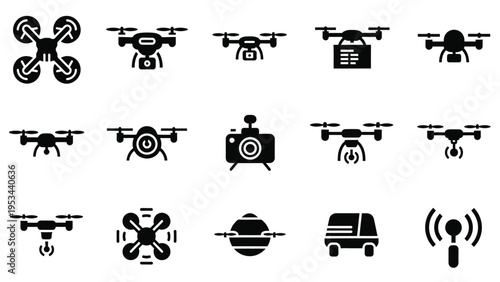 Set of drone icon vector. Collection of quadcopter and UAV icons with camera