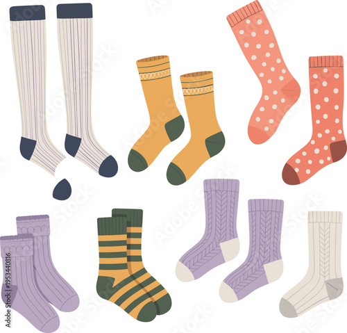 Collection of hand drawn vector illustrations featuring colorful patterned socks, cozy winter hosiery set with stripes and polka dots on white background.