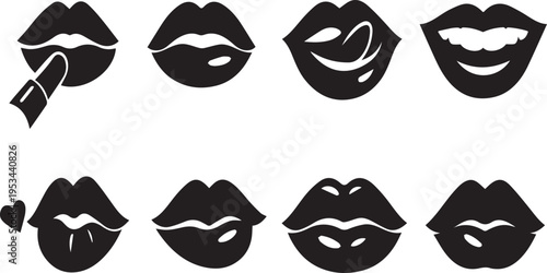 Collection of various black lipstick kiss mark icons on white background