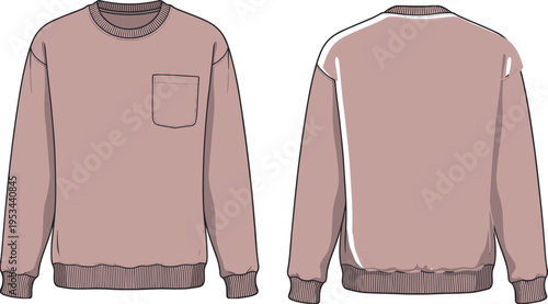 Crewneck sweatshirt technical fashion illustration with ribbed cuffs and hem, front and back views, clean vector outline apparel design template mockup