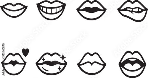 Collection of various cartoon lips and mouths with different expressions on white background