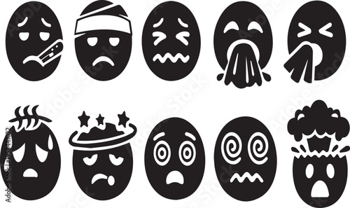Collection of various sick emoticon faces with different expressions