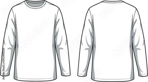 Technical flat sketch of a men's long sleeve crew neck t-shirt front and back view template for apparel design tech pack and mockups.