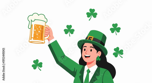 Woman in green suit and hat holding up a beer mug with shamrocks around her celebrating st patrick's day with a cheerful expression