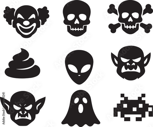 Collection of spooky Halloween icons and symbols on white background