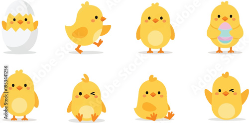 Set of eight cute little yellow cartoon easter chicks in various poses, including one in an eggshell and one holding an egg