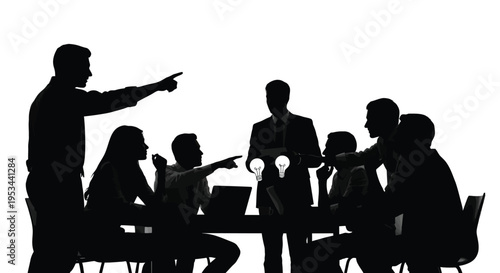 Dynamic vector illustration of business professionals collaborating and discussing innovative ideas during a team meeting