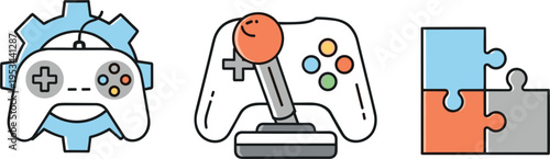 Gaming controllers and puzzle icon set including joystick gamepad gear pieces vector illustration colored isolated entertainment design collection