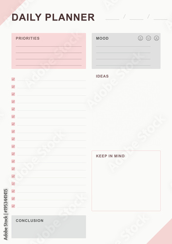 A daily planner page with a pink background and a white notepad for organizing tasks and goals.