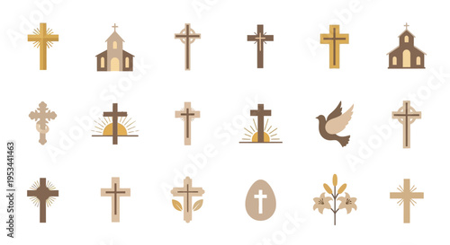 Set of easter and religious symbols, including various crosses, churches, dove, sunrise, and lily
