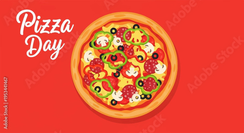 Delicious homemade pizza with various toppings on a red background with pizza day text