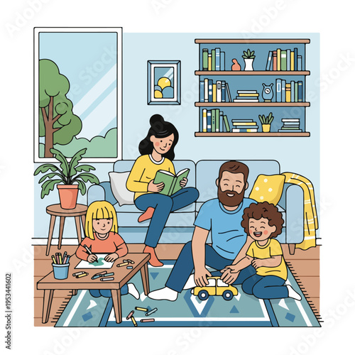 A cartoon depiction of a family enjoying leisure time at home