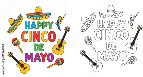 Happy Cinco de Mayo Celebration Vector Set with Sombrero, Guitar, Maracas, and Lettering - Colored and Outline Coloring Page Version for Mexican Holiday Party and Festive Design