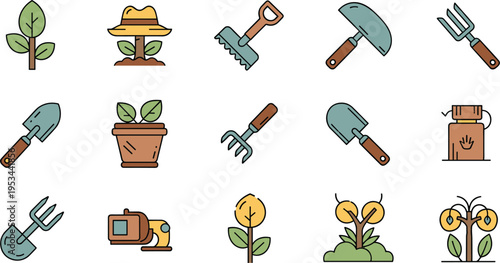Gardening tools and plants icon set including shovel rake pot flowers seeds vector illustration colored isolated nature design collection