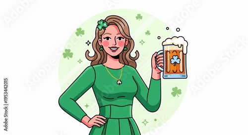 Woman in green dress holding beer with shamrocks and festive atmosphere