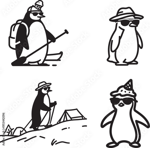 Adventurous Penguin Mascot Vector Set: Minimalist Black and White Icons of a Cool Penguin Character Hiking, Boating, and Camping with Sunglasses and Backpack