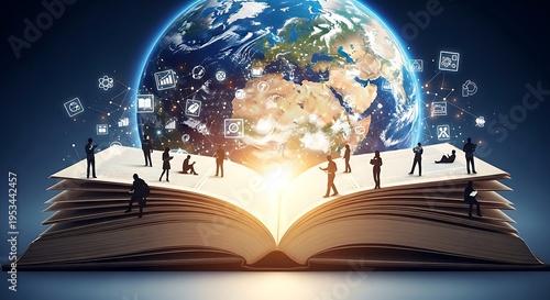 Global education and digital knowledge concept with people on open book