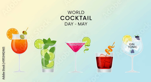 Vibrant cocktails with garnishes on colorful gradient background for world cocktail day