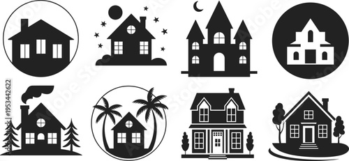Black silhouette house and building icon set with cottage, mansion, castle and tropical home illustrations isolated on light background for real estate design