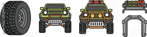 Off road vehicle parts and accessories icon set including tire SUV bumper roof rack vector illustration detailed isolated design collection