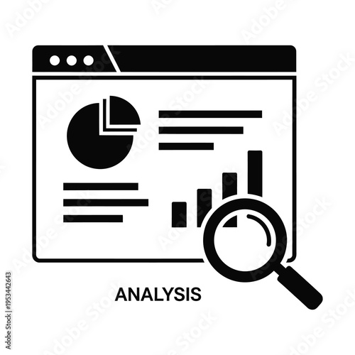 Black and white analysis graph with magnifying glass on webpage  business data concept icon
