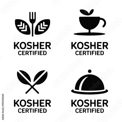 Kosher Certified Badge Set Black Vector Food Icons Fork Leaf Cup Cloche Jewish Food Label