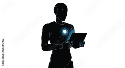 Humanoid robot vector illustration working with a glowing digital tablet and chest light