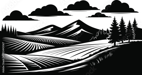 Black and white rural landscape illustration with rolling hills, cultivated fields, snowy mountains, coniferous trees, and dramatic clouds creating serene countryside scenery artwork