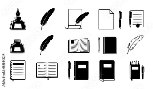 Quill pen ink writing icons set black white flat vector illustration