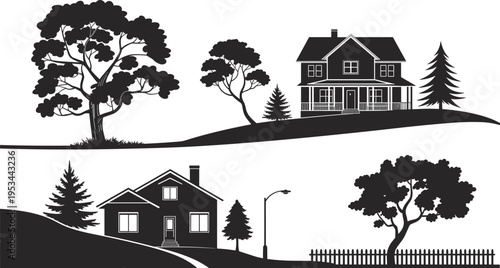 Black and white silhouette suburban and rural residential houses with trees, fences, streetlamp, and sloping hills, architectural landscape illustration emphasizing contrast and natural environment.