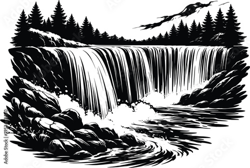 Waterfall Landscape Illustration, Forest River Cascade Vintage Engraving Style Art.