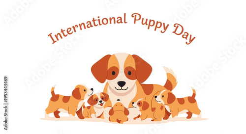 Vector illustration of a mother dog surrounded by adorable puppies celebrating International Puppy Day with a playful and heartwarming design.