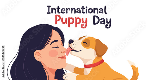 Illustration of a woman and adorable puppy celebrating International Puppy Day with a cute concept design.