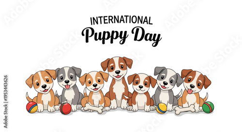 Illustration of adorable puppies celebrating International Puppy Day with colorful balls on a white background.