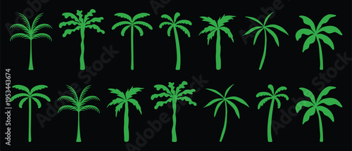 Tropical palm tree icon set in minimal outline style isolated on dark background. Collection of modern vector palms for summer, beach, and island themed design projects. Clean line botanical 