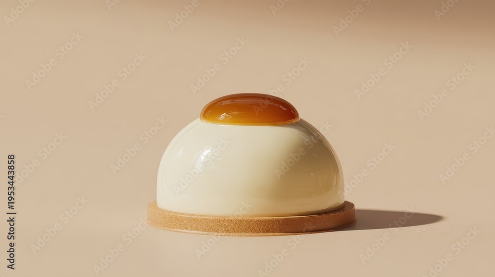 Fototapeta premium Elegant dome shaped mousse pastry with caramel glaze on beige background