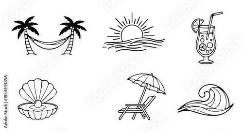 Black and white set of leisure icons beach hammock sun cocktail shell chair wave