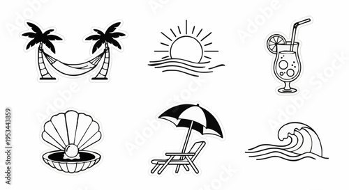 palm hammock, sunset, cocktail, shell, chair, wave on white