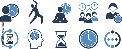 Time management lifestyle icons set, productivity schedule balance symbols collection, work life planning concept, deadline organization vector illustration design pack