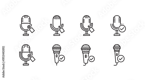 Microphone Icons with Lock and Checkmark Symbols Set of Audio Recording Icons