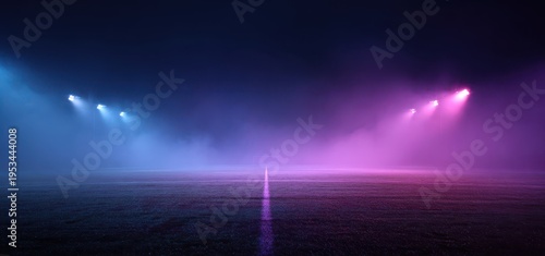 A wide cinematic sports background or banner featuring an empty soccer field illuminated by pink and blue neon lights with thick atmospheric fog and a central white line.