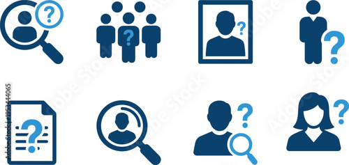 User search unknown person icons set, identity question symbols collection, recruitment investigation concept, people profile vector illustration design pack
