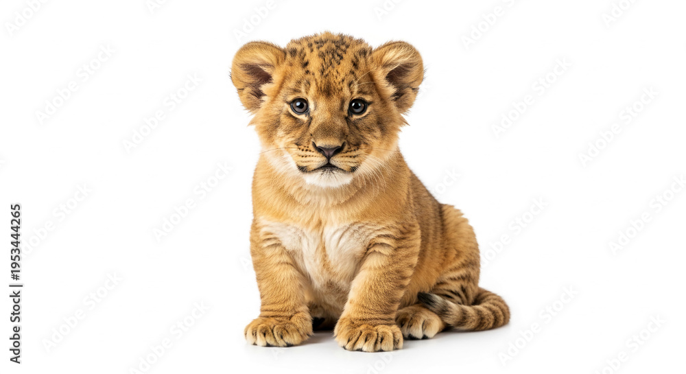 Obraz premium Cute lion cub sitting looking at camera on white background