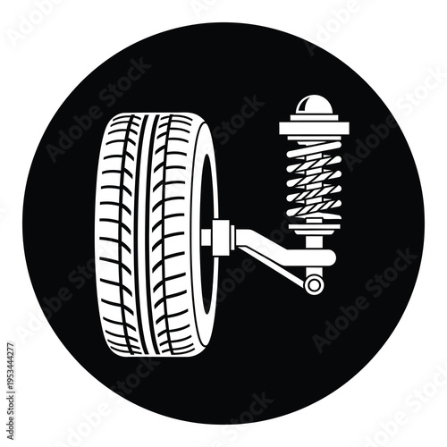 Car tire and suspension shock absorber on black circular background icon