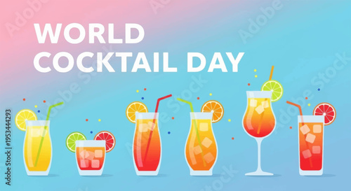 Vibrant cocktails with fruits on pastel background for world cocktail day celebration